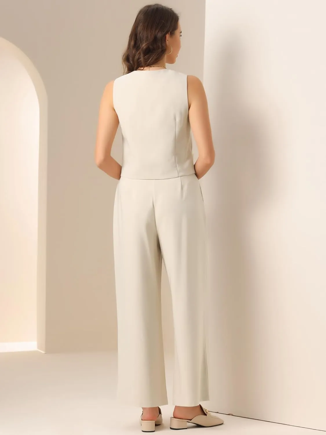 Allegra K Two Piece Outfits for Women's Button Front Sleeveless Vest Wide Leg Pants Matching Sets