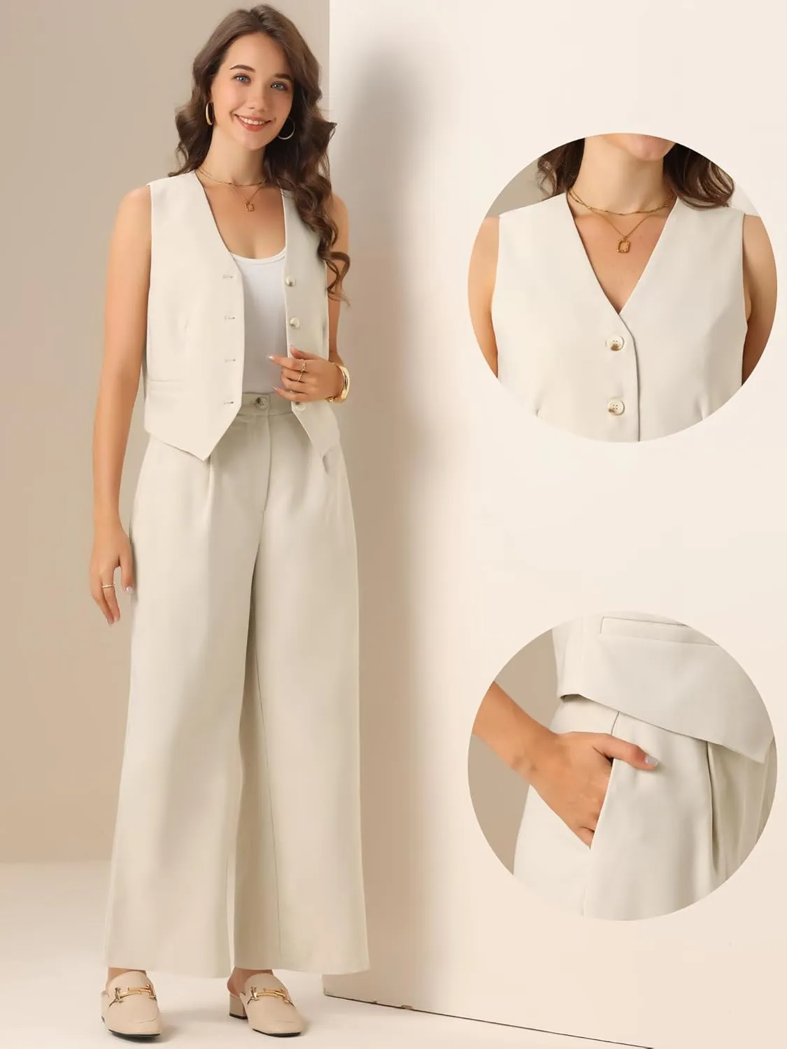 Allegra K Two Piece Outfits for Women's Button Front Sleeveless Vest Wide Leg Pants Matching Sets