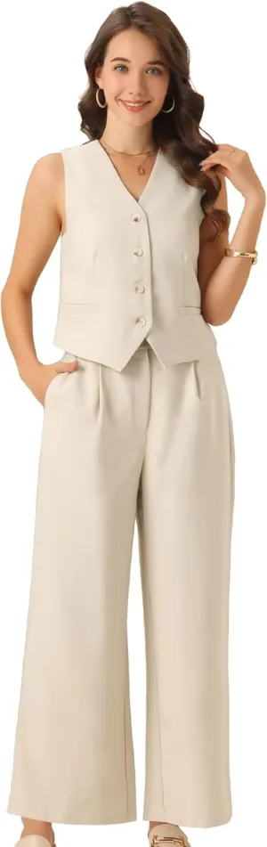 Allegra K Two Piece Outfits for Women's Button Front Sleeveless Vest Wide Leg Pants Matching Sets