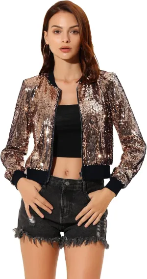 Allegra K Women Halloween Sequin Jackets 2025 Fall Glitter Shiny Party Sparkly Bomber Jacket