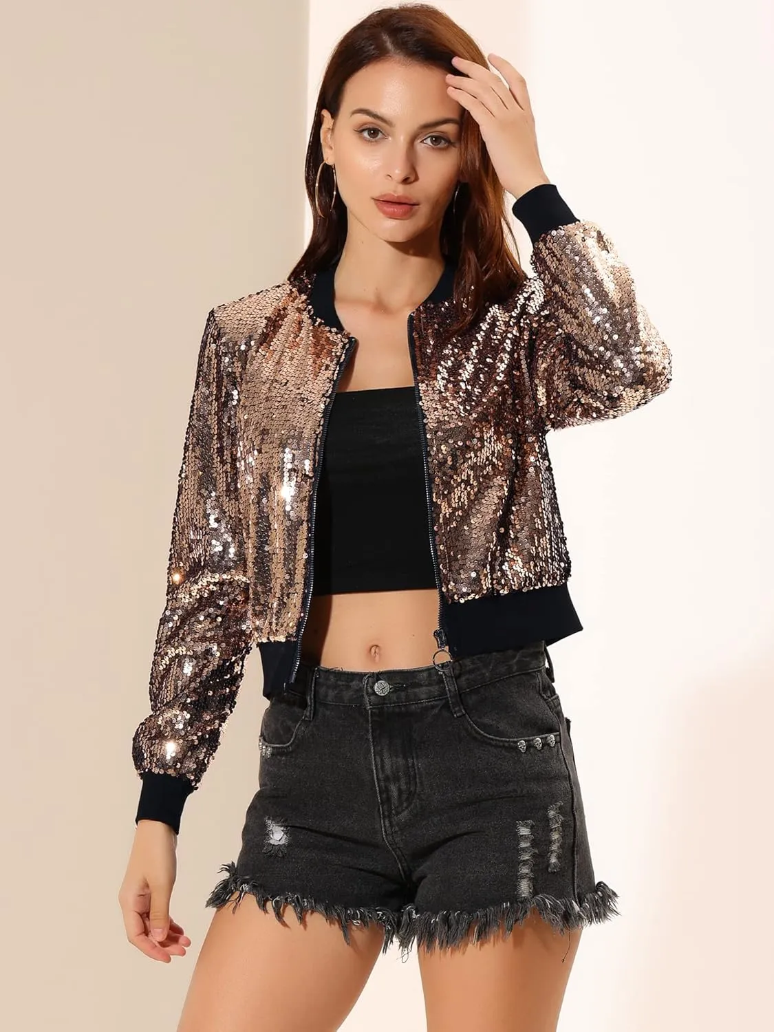 Allegra K Women Halloween Sequin Jackets 2025 Fall Glitter Shiny Party Sparkly Bomber Jacket