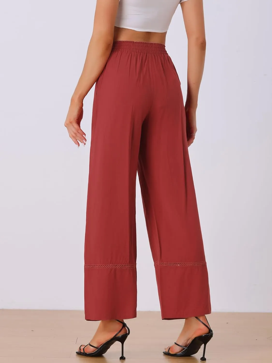 Allegra K Women's 2025 Summer Casual Pants Loose High Waist Drawstring Wide Leg Palazzo Trousers with Pockets