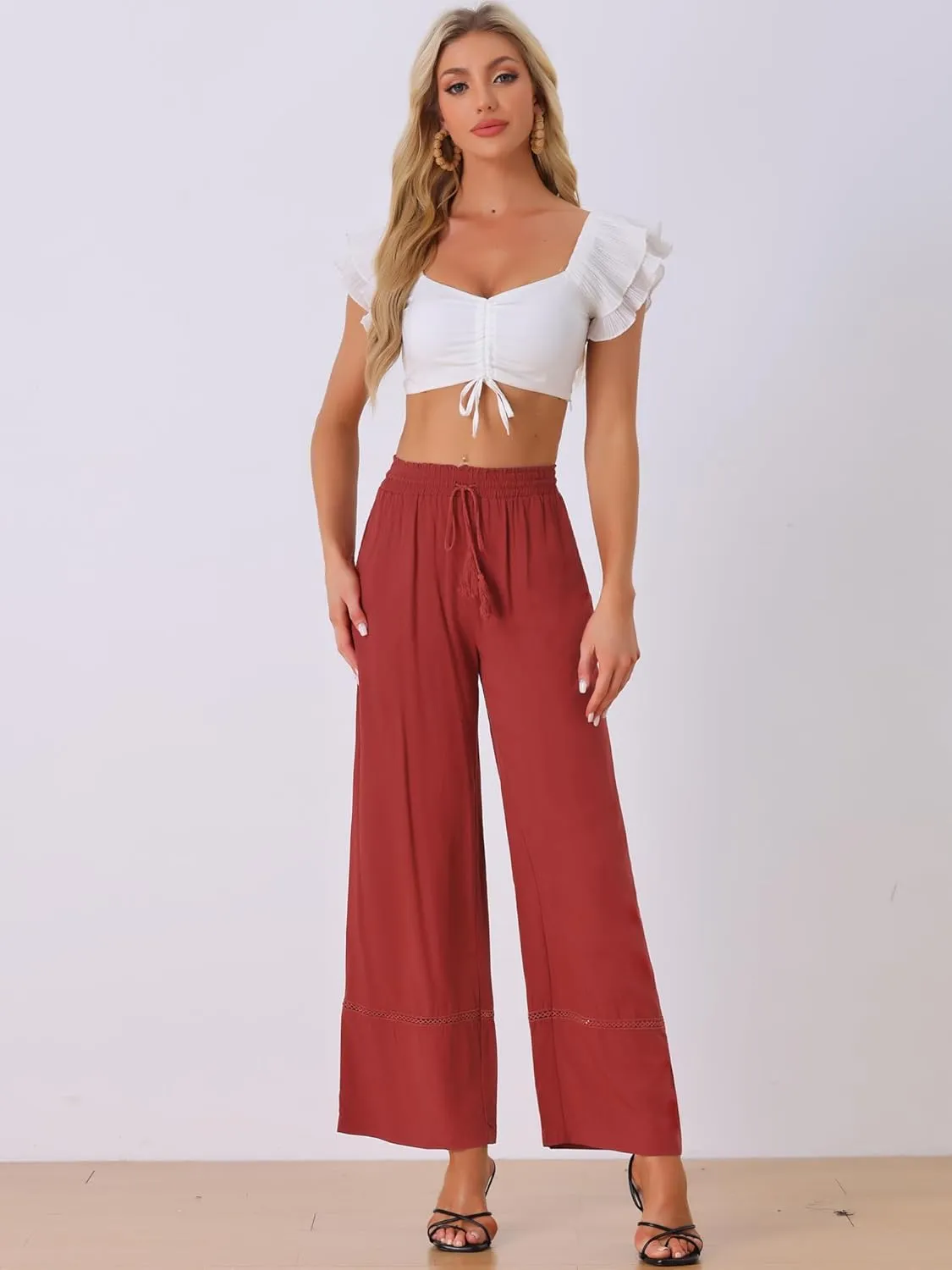 Allegra K Women's 2025 Summer Casual Pants Loose High Waist Drawstring Wide Leg Palazzo Trousers with Pockets
