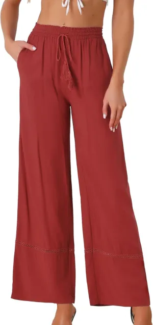Allegra K Women's 2025 Summer Casual Pants Loose High Waist Drawstring Wide Leg Palazzo Trousers with Pockets