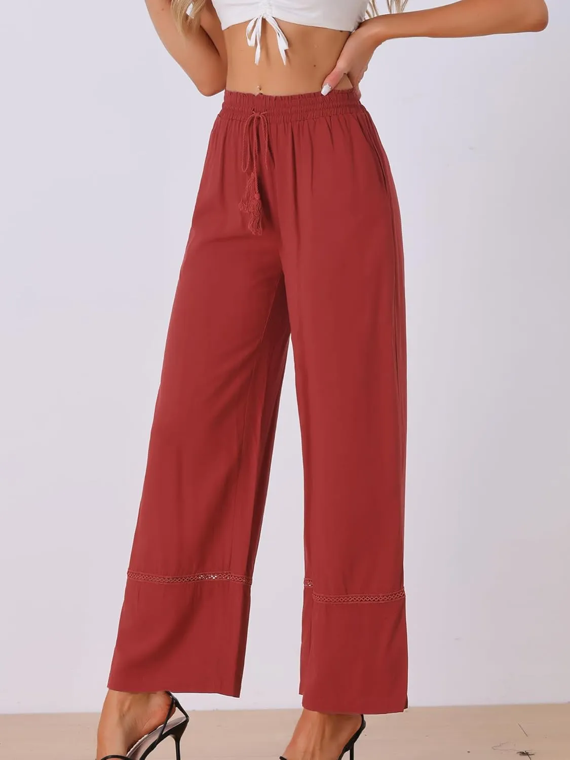 Allegra K Women's 2025 Summer Casual Pants Loose High Waist Drawstring Wide Leg Palazzo Trousers with Pockets