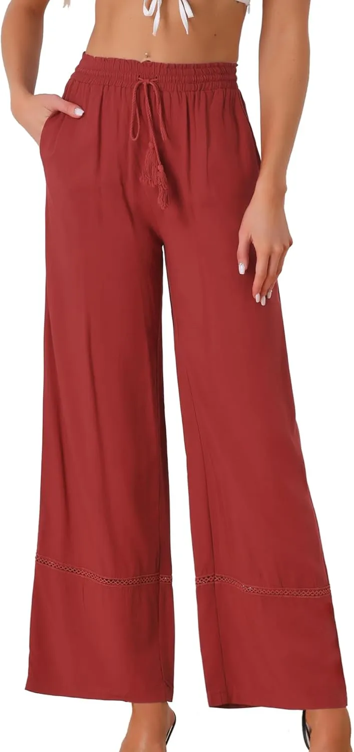 Allegra K Women's 2025 Summer Casual Pants Loose High Waist Drawstring Wide Leg Palazzo Trousers with Pockets
