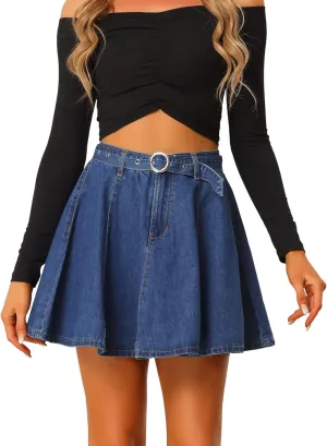 Allegra K Women's Casual Denim Skirt High Waist A-Line Flared Mini Jean Skirts with Belt