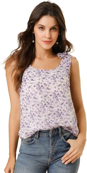 Allegra K Women's Chiffon Floral Sleeveless Bow Tie Straps Boho Peasant Casual Tank Top