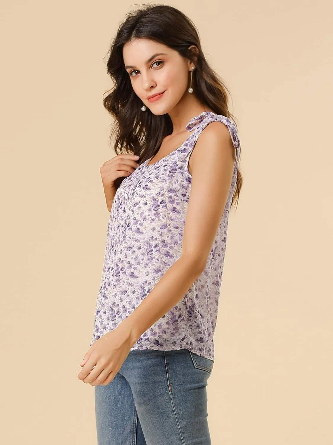 Allegra K Women's Chiffon Floral Sleeveless Bow Tie Straps Boho Peasant Casual Tank Top