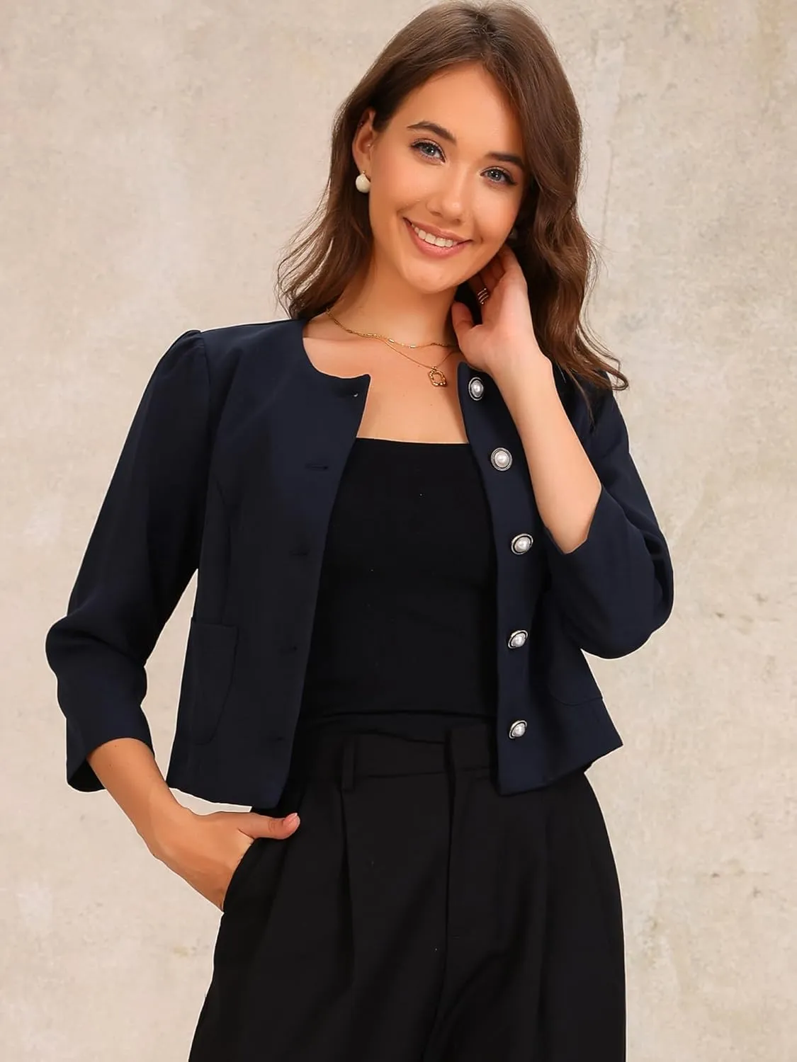 Allegra K Work Office Jacket for Women's 3/4 Sleeve Collarless Pockets Button Down Cropped Jackets