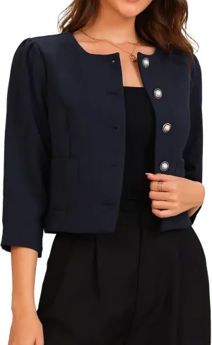 Allegra K Work Office Jacket for Women's 3/4 Sleeve Collarless Pockets Button Down Cropped Jackets