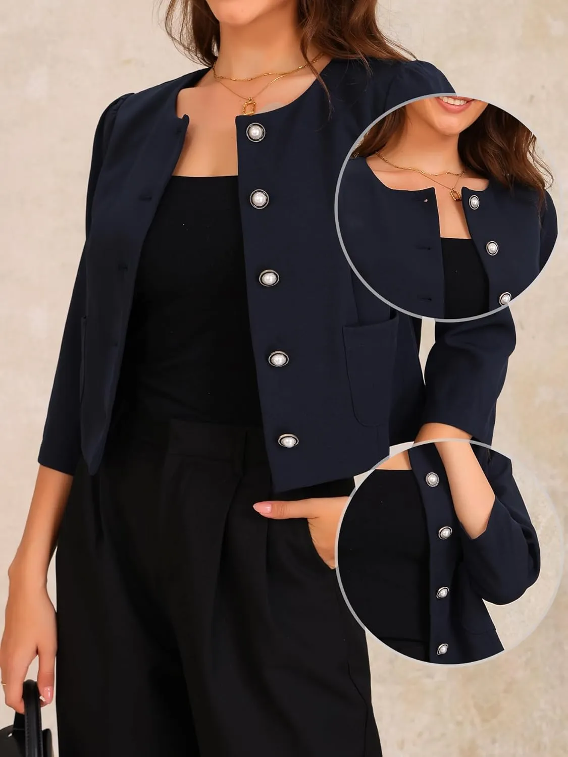 Allegra K Work Office Jacket for Women's 3/4 Sleeve Collarless Pockets Button Down Cropped Jackets