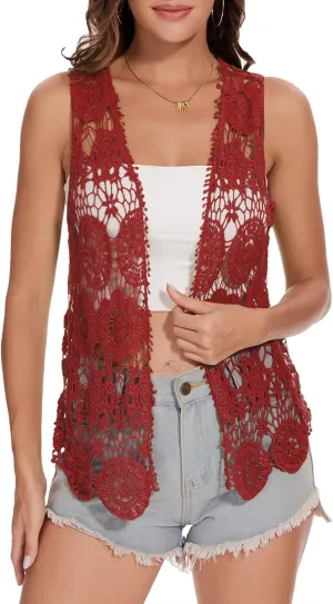 Anna-Kaci Lace Front Open Sleeveless Top Cardigan Crochet Vest Cover up Summer Beachwear