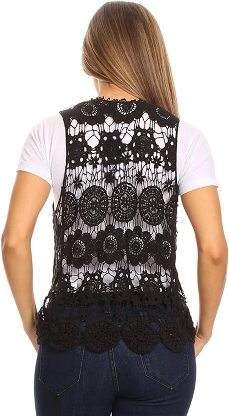 Anna-Kaci Lace Front Open Sleeveless Top Cardigan Crochet Vest Cover up Summer Beachwear