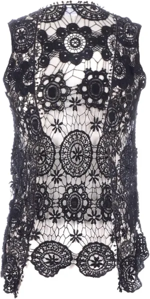 Anna-Kaci Lace Front Open Sleeveless Top Cardigan Crochet Vest Cover up Summer Beachwear