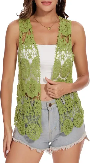 Anna-Kaci Lace Front Open Sleeveless Top Cardigan Crochet Vest Cover up Summer Beachwear