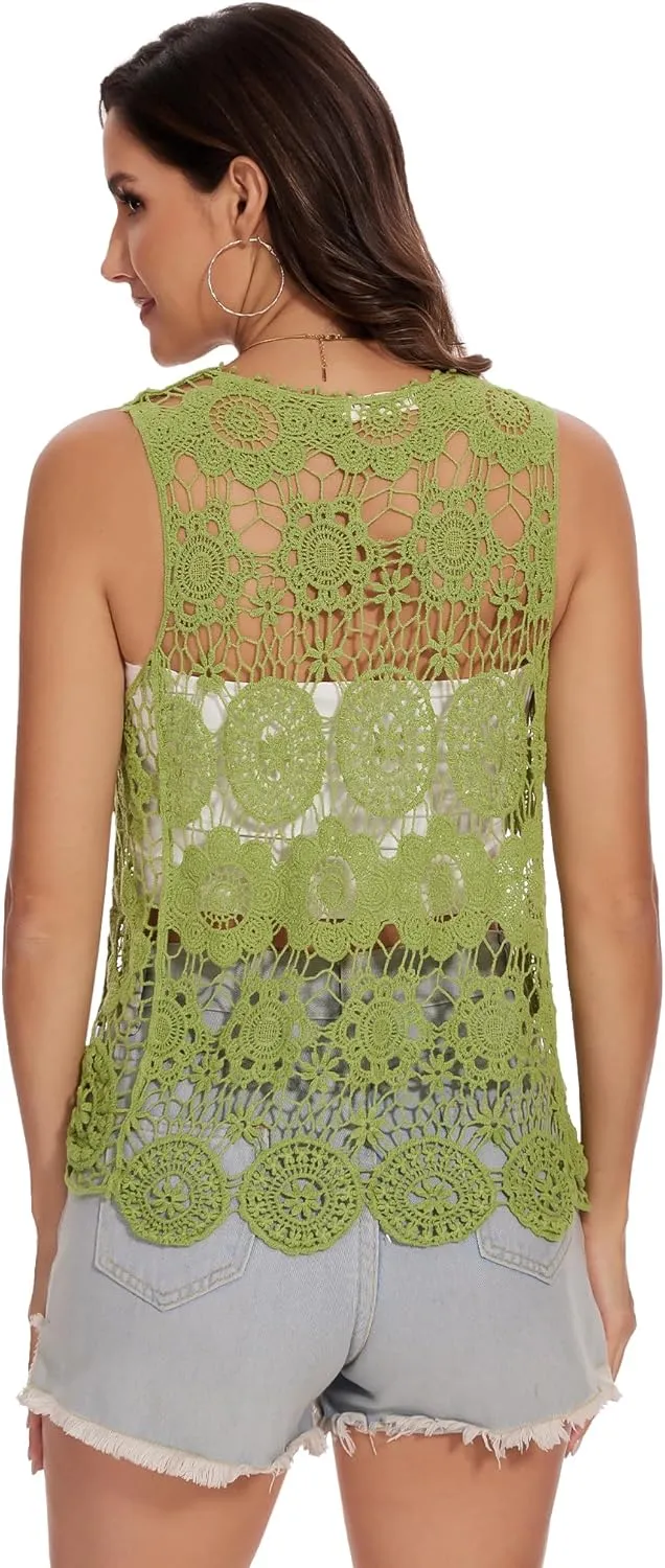 Anna-Kaci Lace Front Open Sleeveless Top Cardigan Crochet Vest Cover up Summer Beachwear