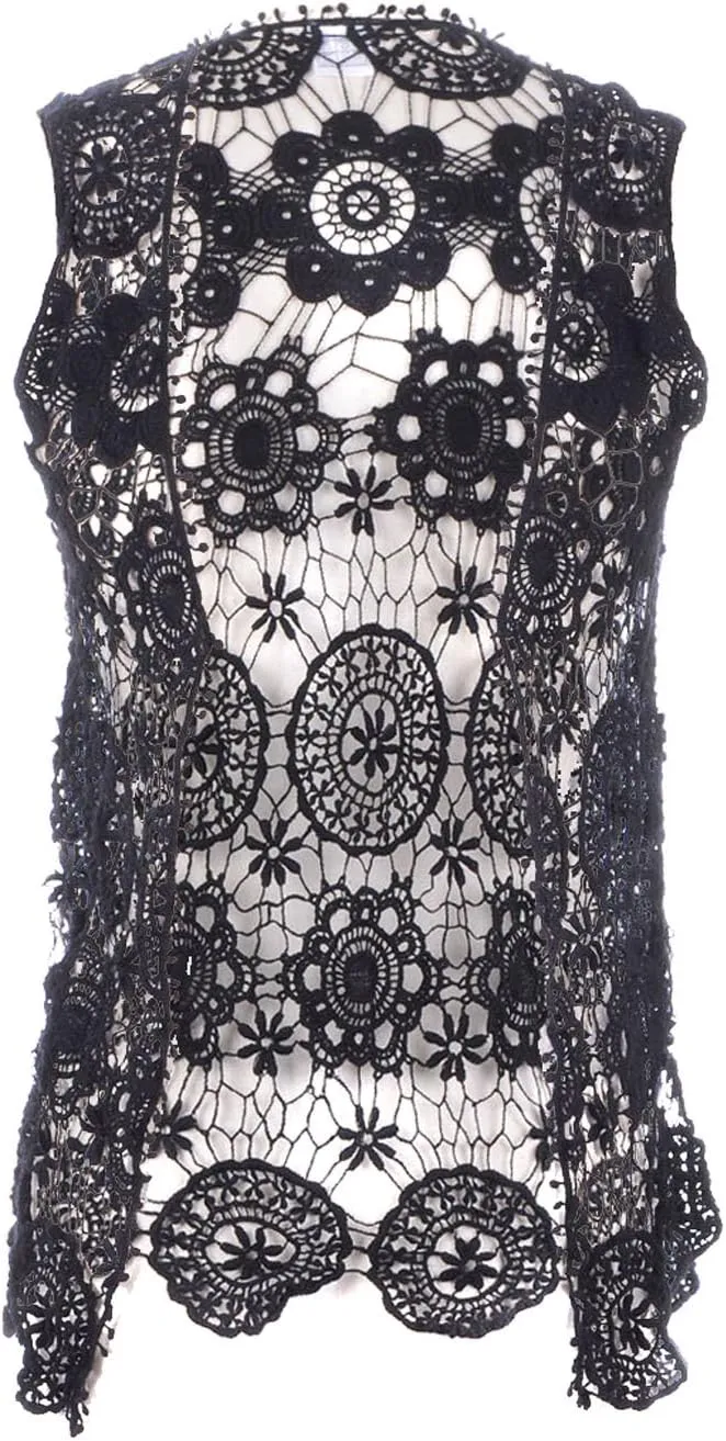 Anna-Kaci Lace Front Open Sleeveless Top Cardigan Crochet Vest Cover up Summer Beachwear