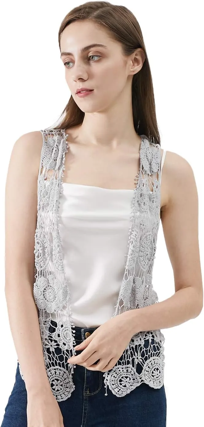 Anna-Kaci Lace Front Open Sleeveless Top Cardigan Crochet Vest Cover up Summer Beachwear