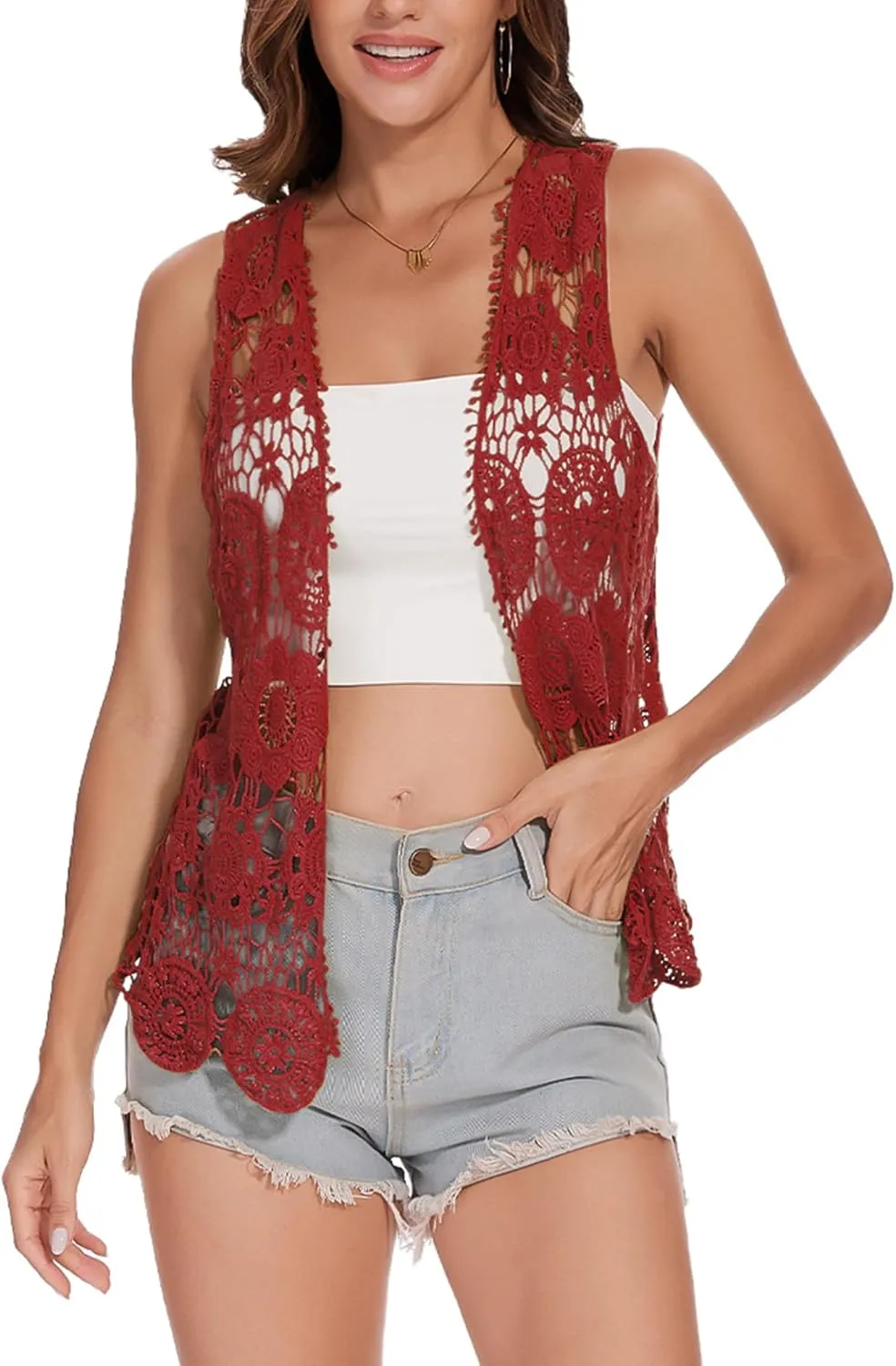 Anna-Kaci Lace Front Open Sleeveless Top Cardigan Crochet Vest Cover up Summer Beachwear