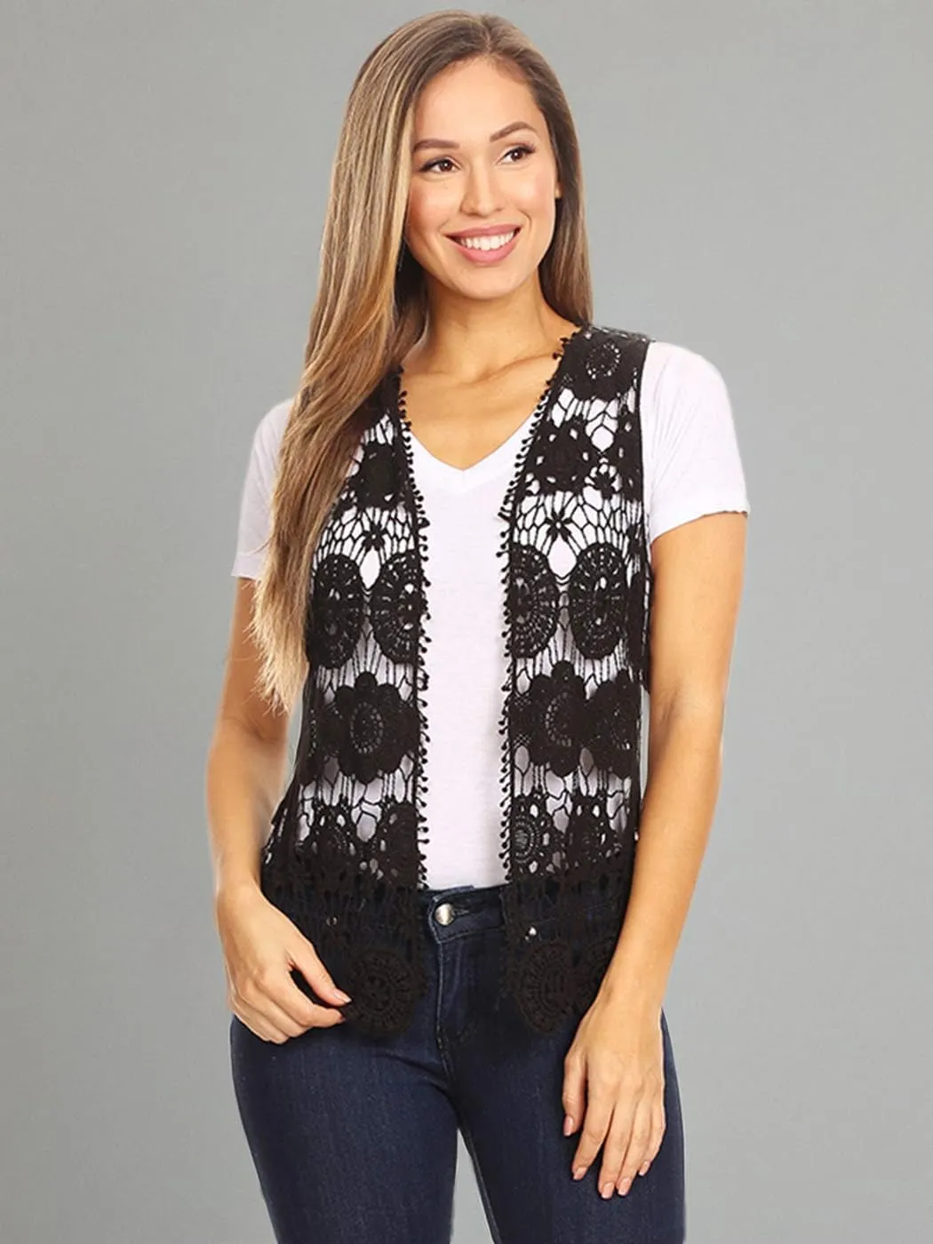 Anna-Kaci Lace Front Open Sleeveless Top Cardigan Crochet Vest Cover up Summer Beachwear