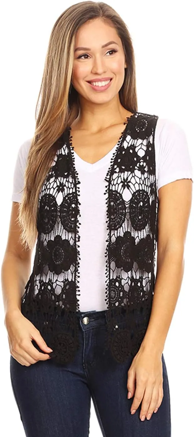 Anna-Kaci Lace Front Open Sleeveless Top Cardigan Crochet Vest Cover up Summer Beachwear