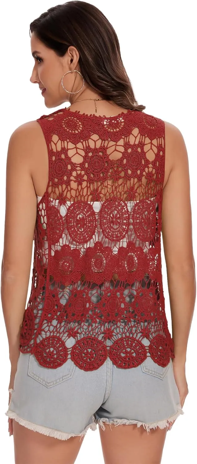 Anna-Kaci Lace Front Open Sleeveless Top Cardigan Crochet Vest Cover up Summer Beachwear