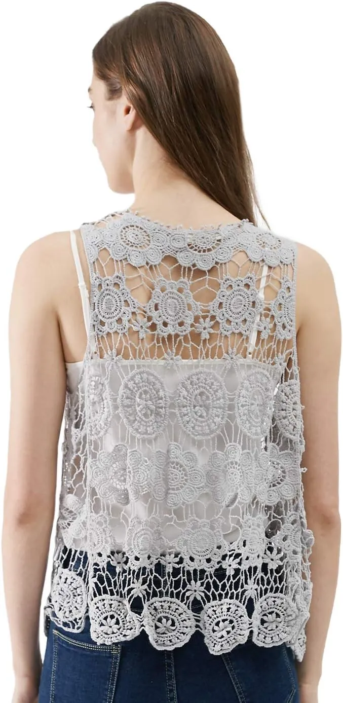 Anna-Kaci Lace Front Open Sleeveless Top Cardigan Crochet Vest Cover up Summer Beachwear