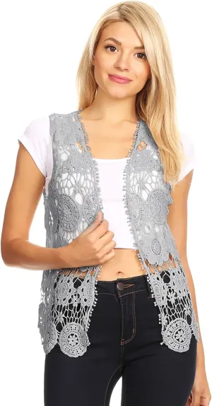 Anna-Kaci Lace Front Open Sleeveless Top Cardigan Crochet Vest Cover up Summer Beachwear