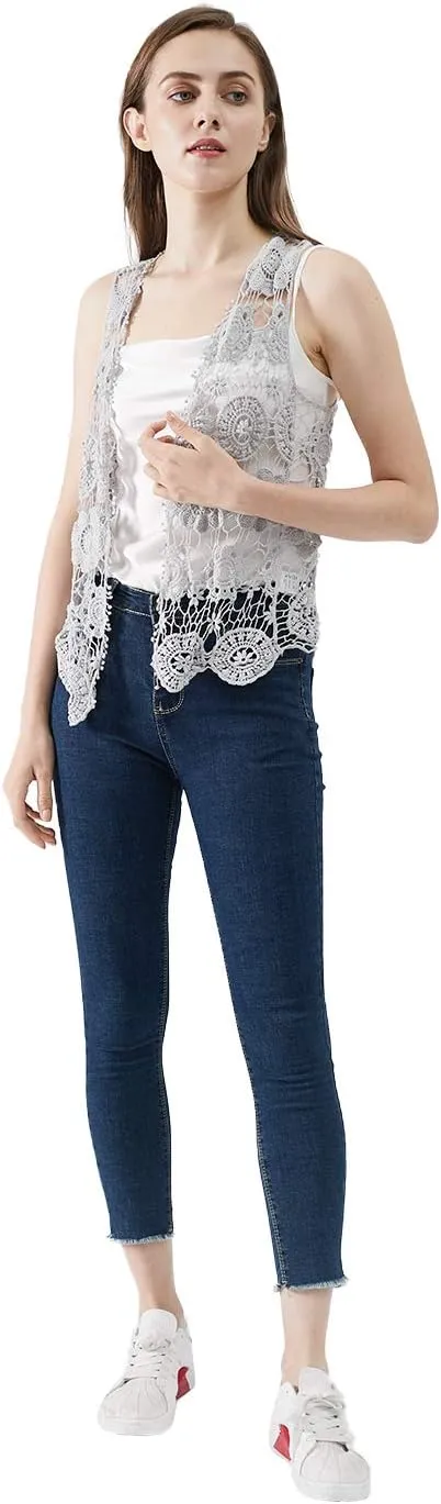 Anna-Kaci Lace Front Open Sleeveless Top Cardigan Crochet Vest Cover up Summer Beachwear
