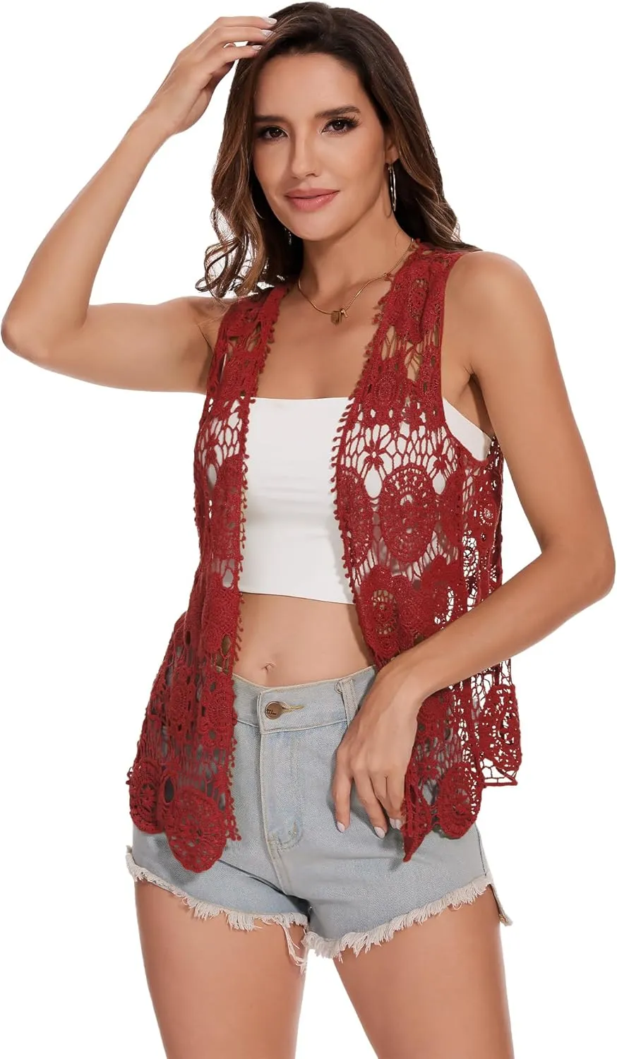 Anna-Kaci Lace Front Open Sleeveless Top Cardigan Crochet Vest Cover up Summer Beachwear