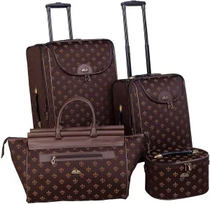 Antique Appeal Luggage Set, Stylish 4-Piece with Fleur-De-Lis Pattern, Easy to Spot at Baggage Claim, Large Upright, Small Carry-On, Doctor's Bag, Cosmetic Case