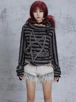ARIADNAw Feather-Trim Denim Shorts - Off-White (Women's)