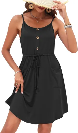 AUSELILY Womens Summer Dresses 2025 Adjustable Spaghetti Strap Sundress Drawstring Waist Beach Cover Ups with Pockets