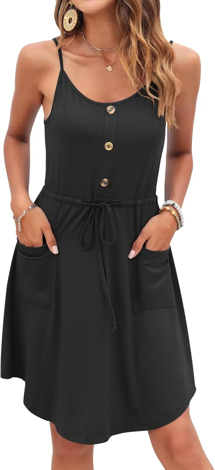 AUSELILY Womens Summer Dresses 2025 Adjustable Spaghetti Strap Sundress Drawstring Waist Beach Cover Ups with Pockets