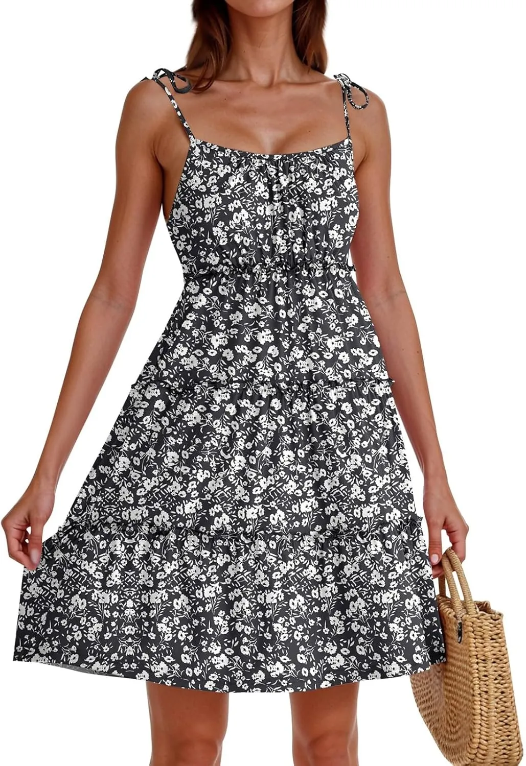 Baby Doll Dress for Women 2025 Summer Spaghetti Strap Mini Dress Square Neck Sleeveless Smocked Waist Sundress