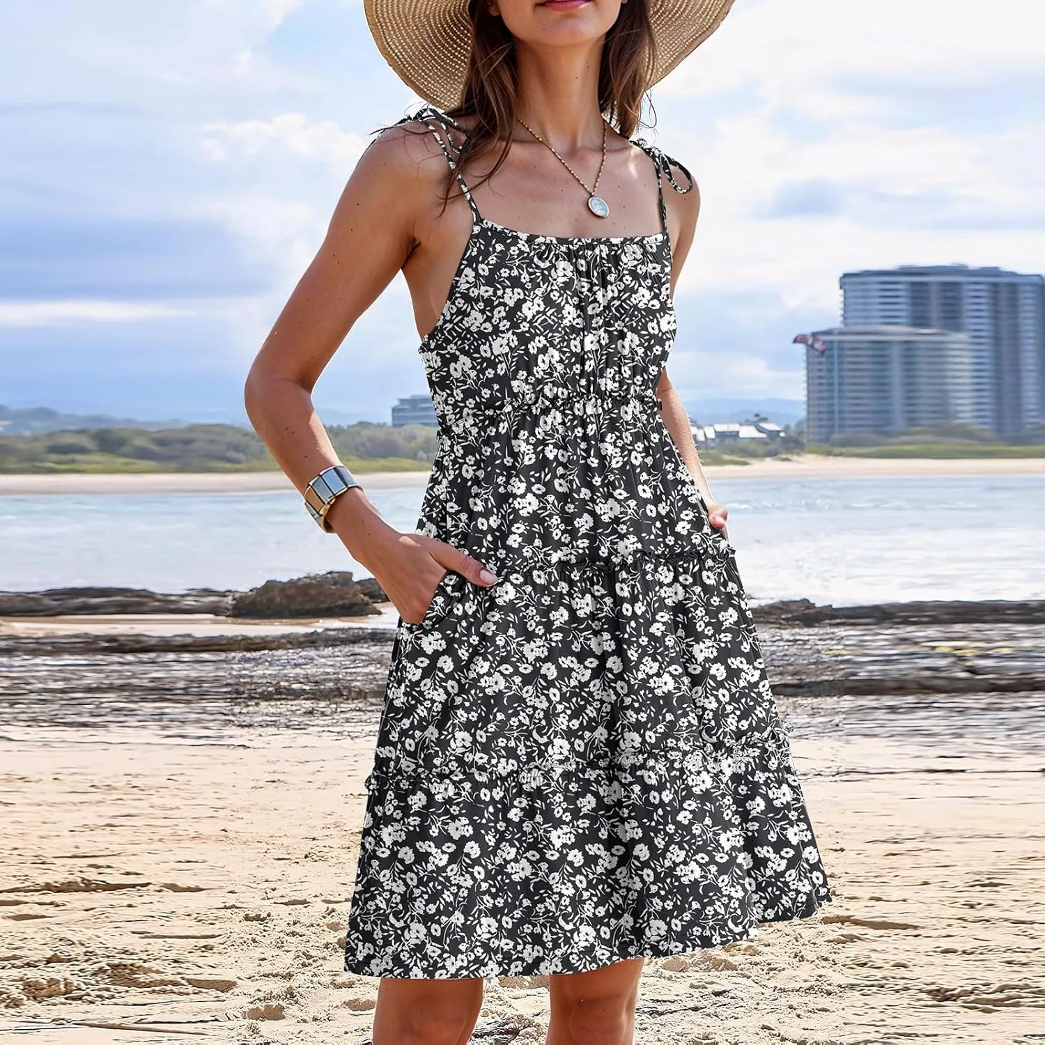Baby Doll Dress for Women 2025 Summer Spaghetti Strap Mini Dress Square Neck Sleeveless Smocked Waist Sundress