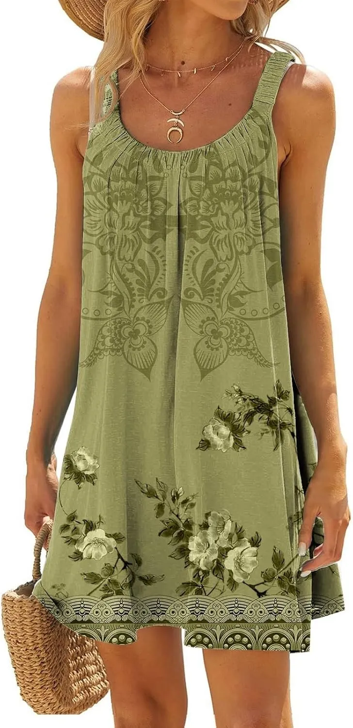 Beach Dress for Women Sleeveless Crewneck Boho Dresses Pleated Flowy Short Vacation Sundress Swimwear Cover Ups