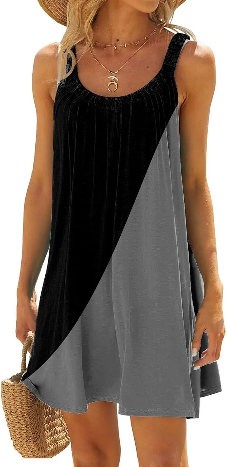 Beach Dress for Women Sleeveless Crewneck Boho Dresses Pleated Flowy Short Vacation Sundress Swimwear Cover Ups