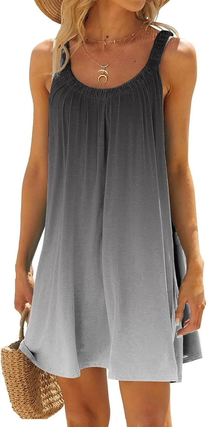 Beach Dress for Women Sleeveless Crewneck Boho Dresses Pleated Flowy Short Vacation Sundress Swimwear Cover Ups