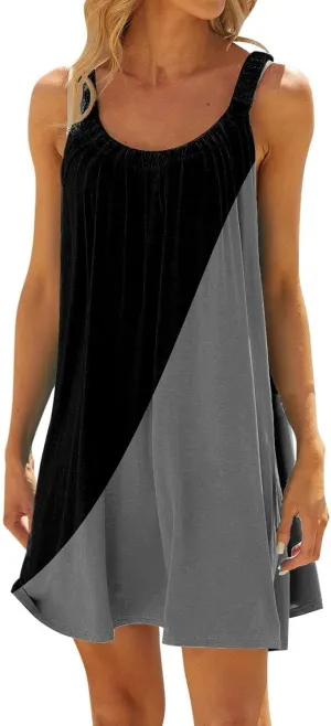 Beach Dress for Women Sleeveless Crewneck Boho Dresses Pleated Flowy Short Vacation Sundress Swimwear Cover Ups