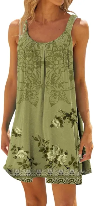 Beach Dress for Women Sleeveless Crewneck Boho Dresses Pleated Flowy Short Vacation Sundress Swimwear Cover Ups