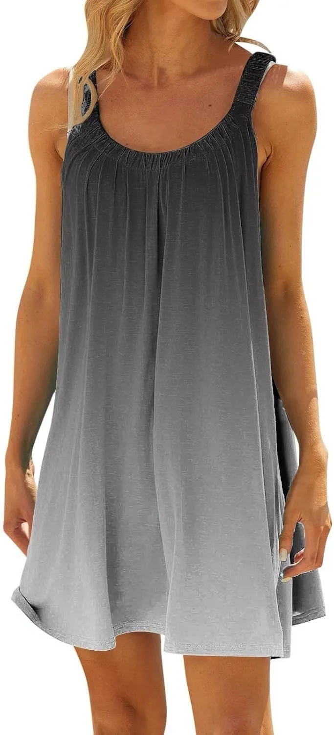 Beach Dress for Women Sleeveless Crewneck Boho Dresses Pleated Flowy Short Vacation Sundress Swimwear Cover Ups