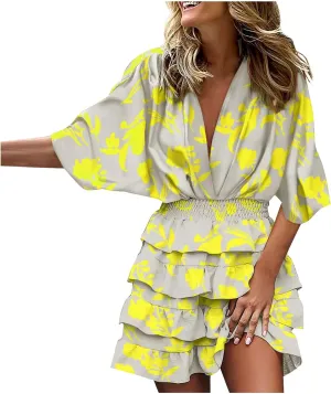 Beach Dresses for Women Vacation Short Batwing Sleeve V Neck Summer Trendy Dress Ruffle Boho Mini Sundress
