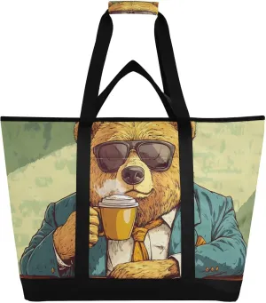 Bear Sunglasses Coffee Large Insulated Tote Bag for Grocery Shopping Reusable Tote Bags for Women Men, Cooler Bag with Zippered Top & Handles for Beach Picnic Travel
