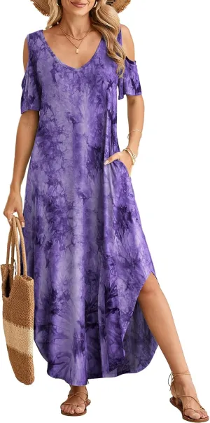 BELAROI Plus Size Maxi Dress for Curvy Women Summer Casual Cold Shoulder V Neck Pockets Beach Coverup Vacation Loose Sundress