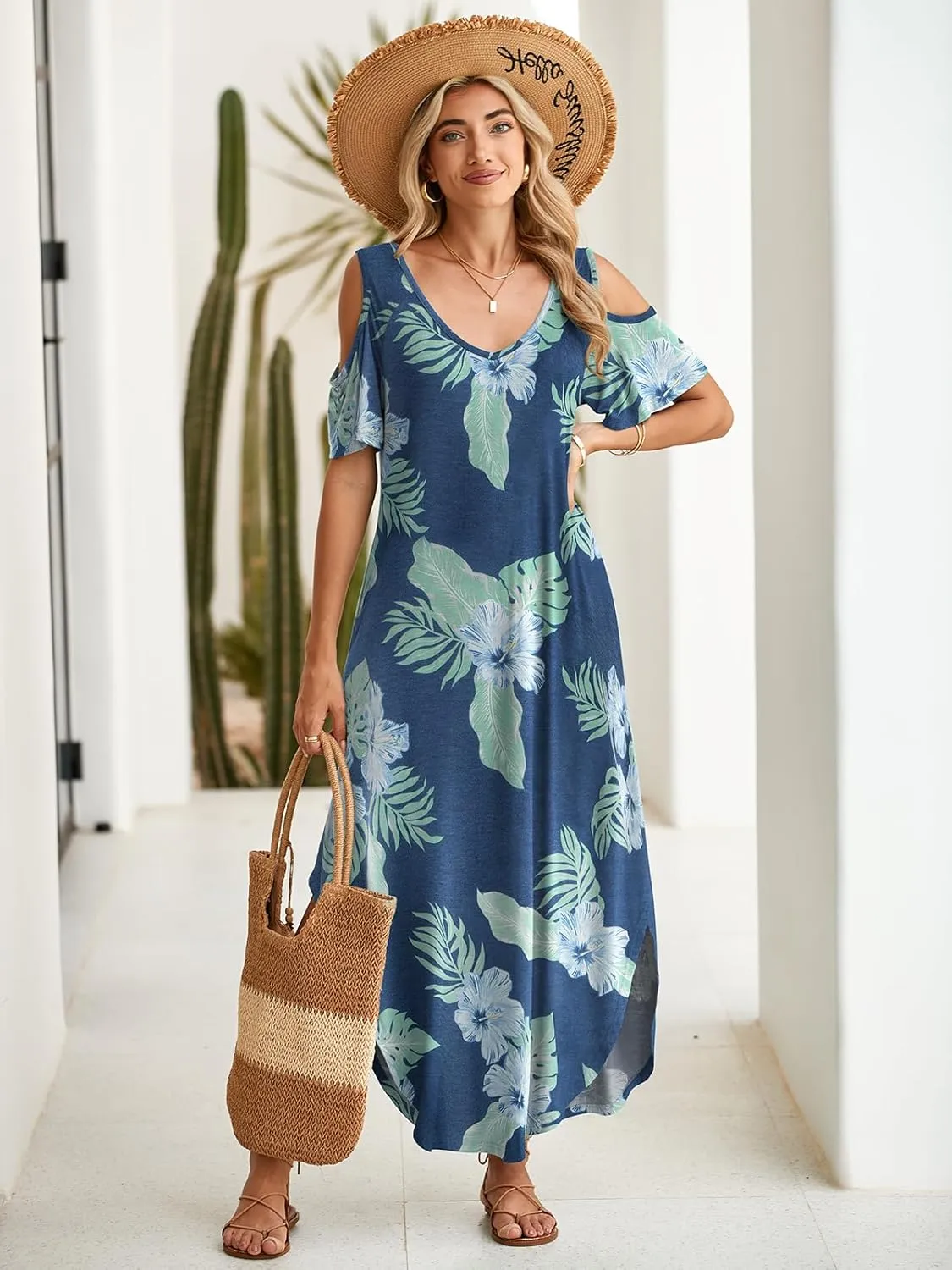 BELAROI Plus Size Maxi Dress for Curvy Women Summer Casual Cold Shoulder V Neck Pockets Beach Coverup Vacation Loose Sundress