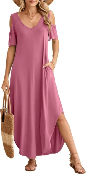 BELAROI Plus Size Maxi Dress for Curvy Women Summer Casual Cold Shoulder V Neck Pockets Beach Coverup Vacation Loose Sundress