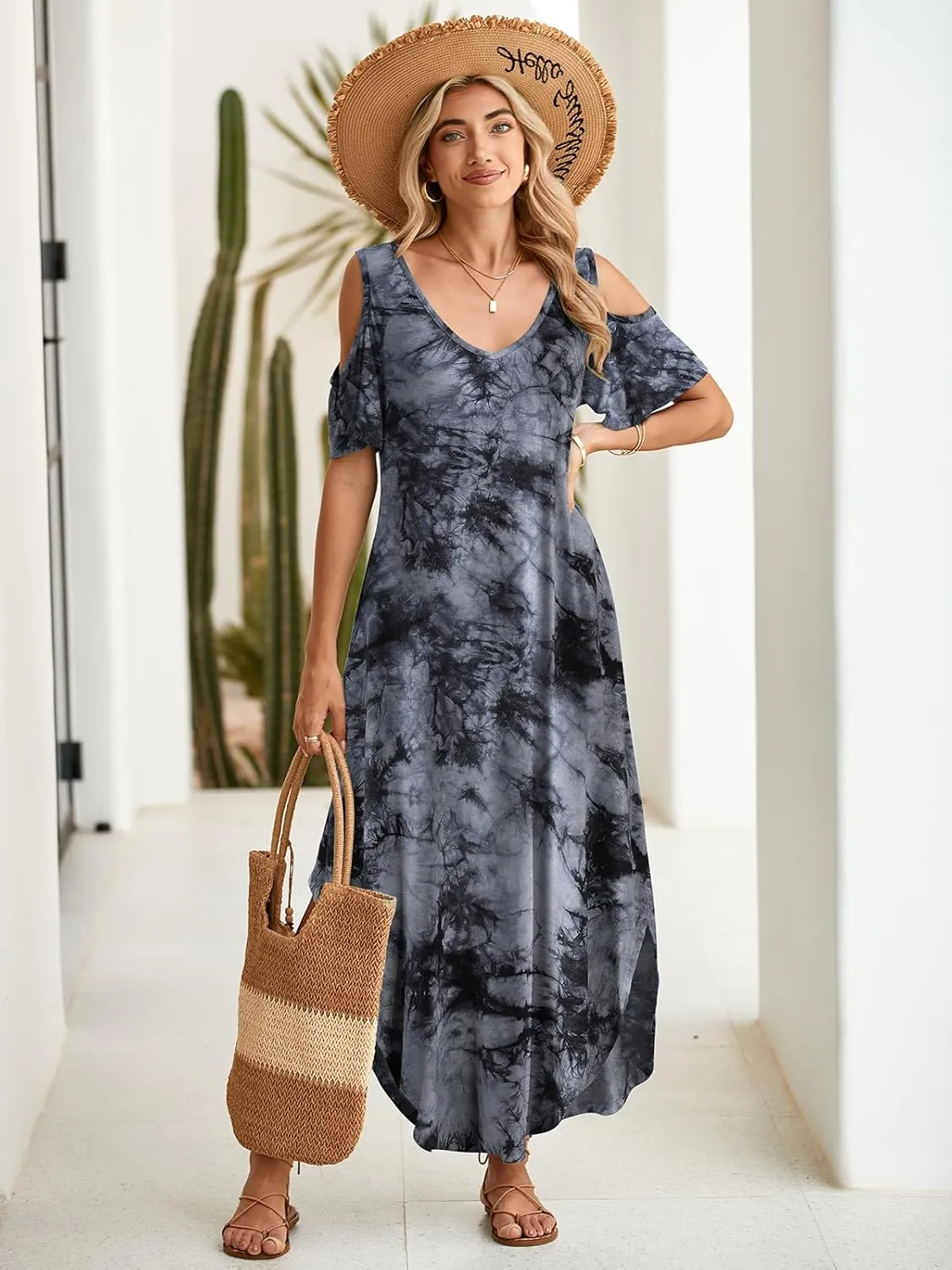 BELAROI Plus Size Maxi Dress for Curvy Women Summer Casual Cold Shoulder V Neck Pockets Beach Coverup Vacation Loose Sundress