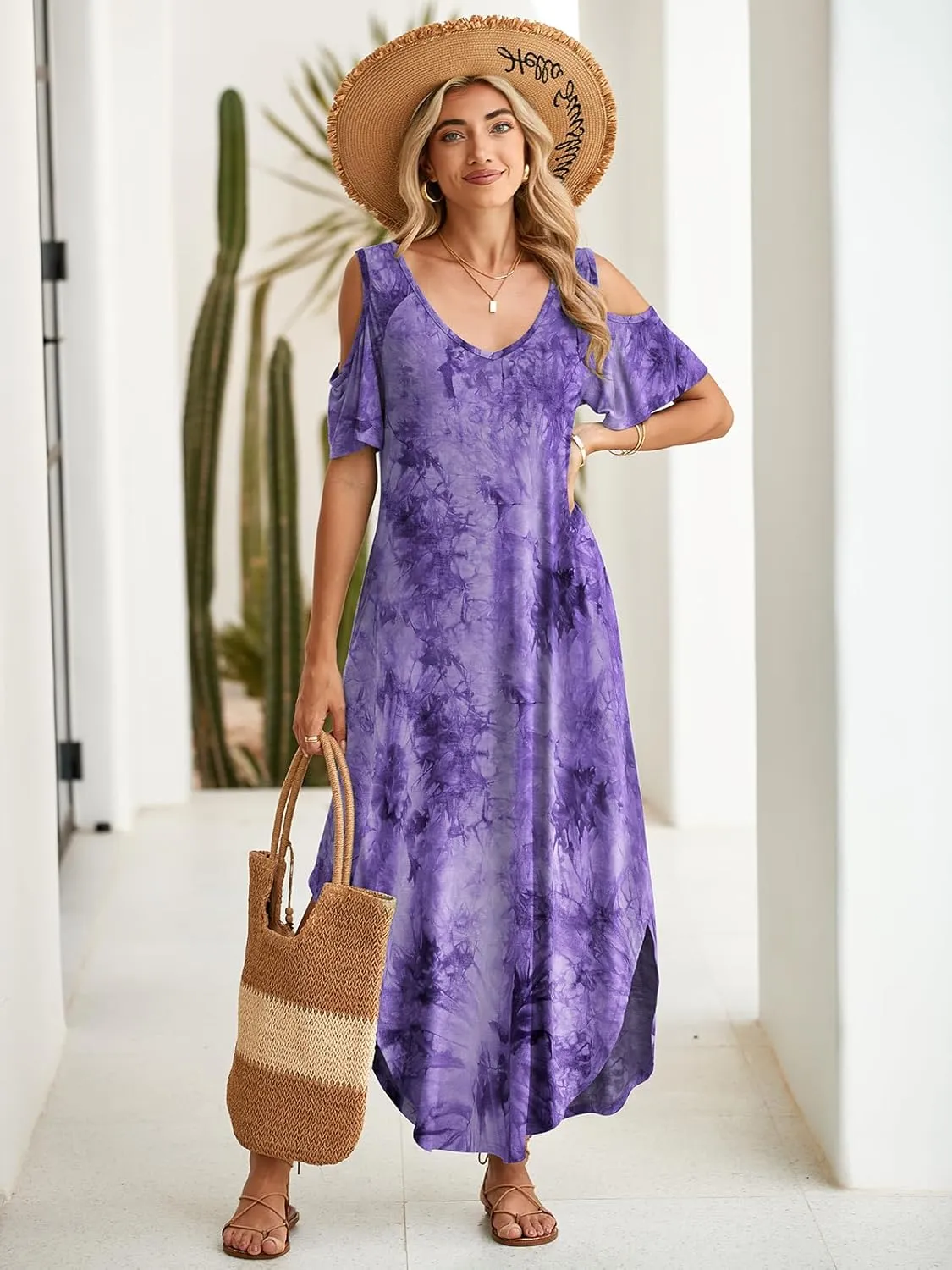 BELAROI Plus Size Maxi Dress for Curvy Women Summer Casual Cold Shoulder V Neck Pockets Beach Coverup Vacation Loose Sundress